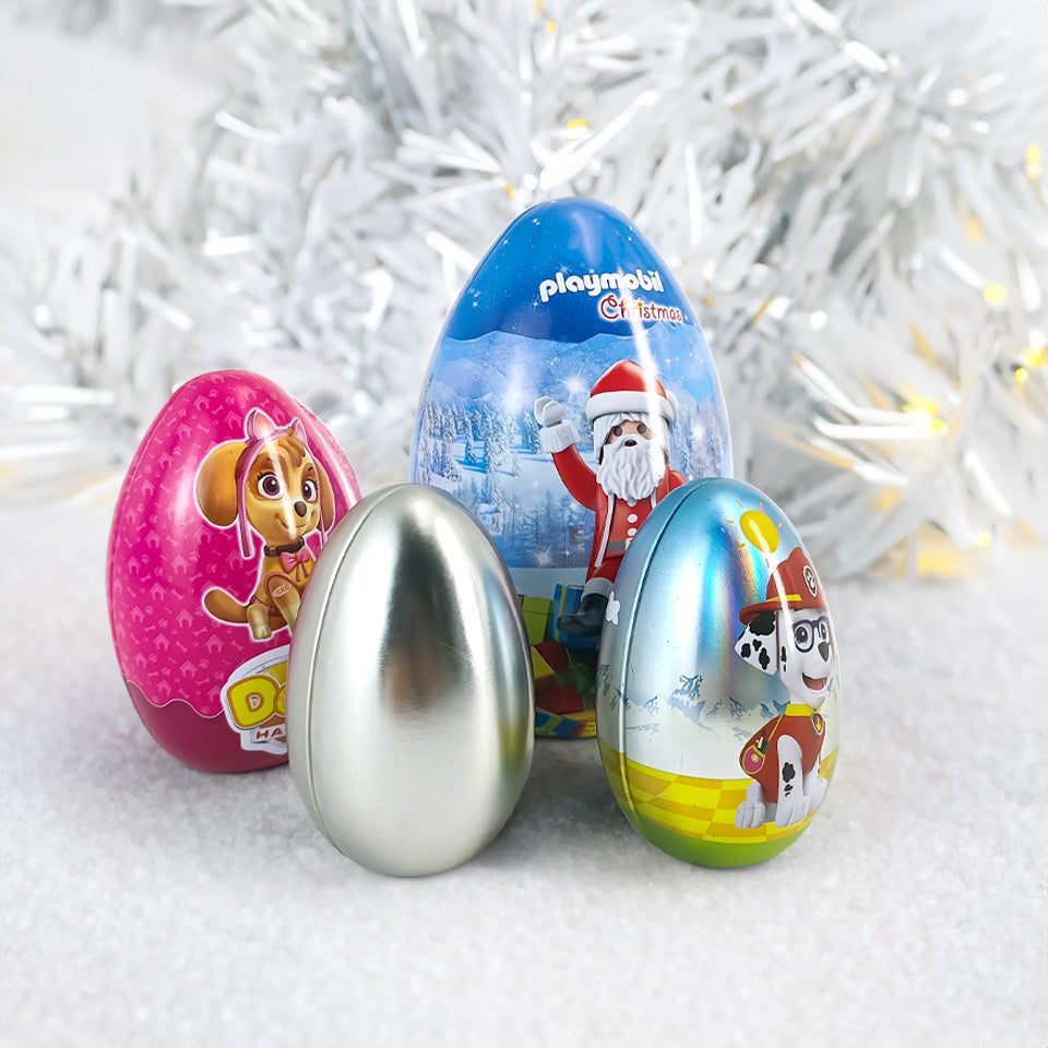 Dongguan jinyunabao custom Christmas cartoon candy egg tin for kids 